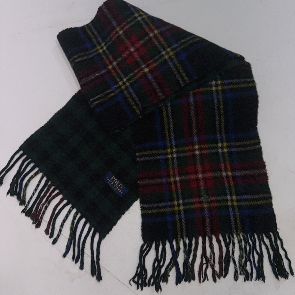 Polo Ralph Lauren Scarf Mens Wool Blend Red Green Navy Plaid Tartan Plaid Italy